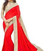 Red Vichitra Silk Saree With Fancy Lace and Dhupion Silk Blouse Piece.