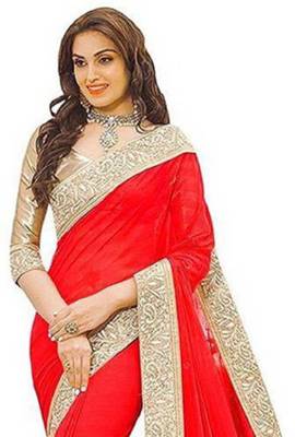 Red Vichitra Silk Saree With Fancy Lace and Dhupion Silk Blouse Piece. 2