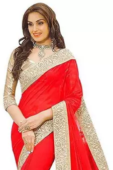 Red Vichitra Silk Saree With Fancy Lace and Dhupion Silk Blouse Piece.