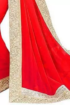 Red Vichitra Silk Saree With Fancy Lace and Dhupion Silk Blouse Piece.