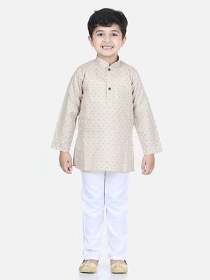 Beige printed cotton boys-kurta-pyjama 1