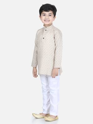 Beige printed cotton boys-kurta-pyjama 2