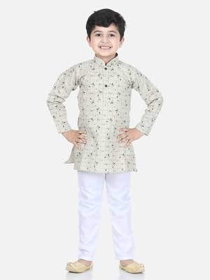 Beige printed cotton boys-kurta-pyjama 1