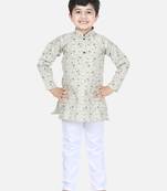 Beige printed cotton boys-kurta-pyjama