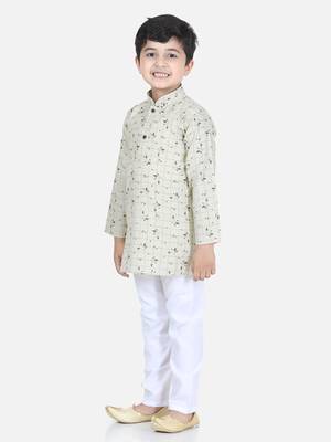 Beige printed cotton boys-kurta-pyjama 2
