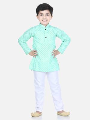 Green printed cotton boys-kurta-pyjama 1