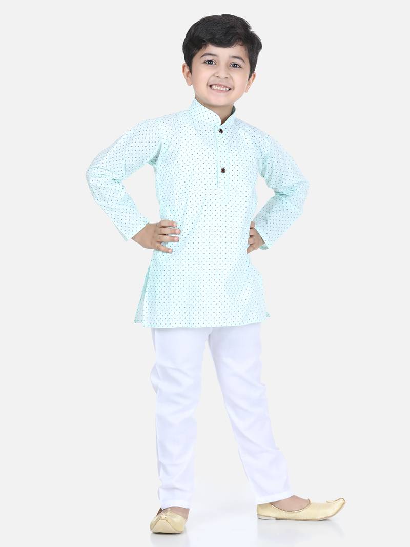 Green printed cotton boys-kurta-pyjama