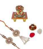 Designer Bhaiya Bhabhi Rakhi Set with Lord Ganesha on Kundan Studded Marble Chowki and Roli Tikka Matki