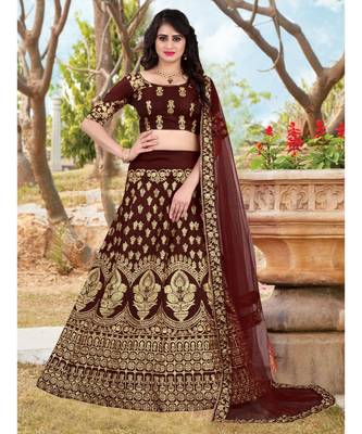 Maroon Embrodery  Satin Semi Stitched Lehenga Choli With Blouse 1