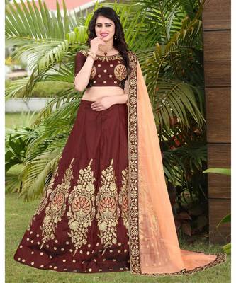 Maroon Embrodery  Satin Semi Stitched Lehenga Choli With Blouse 1