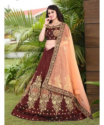 Maroon Embrodery  Satin Semi Stitched Lehenga Choli With Blouse 2