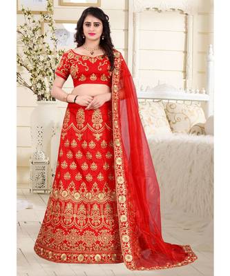 Red Embrodery  Satin Semi Stitched Lehenga Choli With Blouse 1