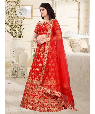 Red Embrodery  Satin Semi Stitched Lehenga Choli With Blouse 2