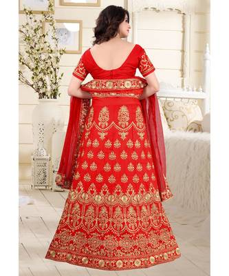 Red Embrodery  Satin Semi Stitched Lehenga Choli With Blouse 3