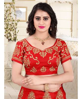 Red Embrodery  Satin Semi Stitched Lehenga Choli With Blouse 4
