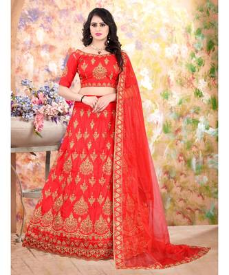 Red Embrodery  Satin Semi Stitched Lehenga Choli With Blouse 1