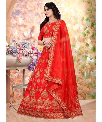 Red Embrodery  Satin Semi Stitched Lehenga Choli With Blouse 2