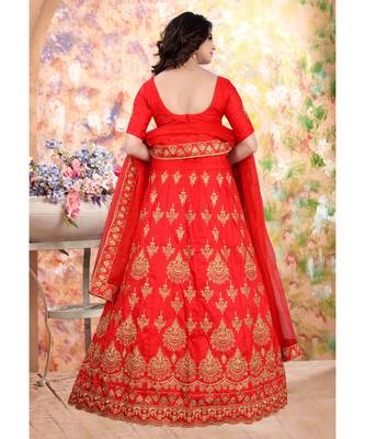 Red Embrodery  Satin Semi Stitched Lehenga Choli With Blouse 3