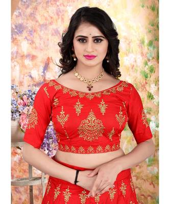 Red Embrodery  Satin Semi Stitched Lehenga Choli With Blouse 4