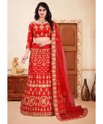 Red Embrodery  Satin Semi Stitched Lehenga Choli With Blouse 1