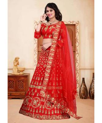 Red Embrodery  Satin Semi Stitched Lehenga Choli With Blouse 2
