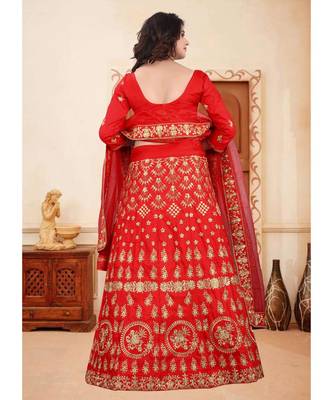 Red Embrodery  Satin Semi Stitched Lehenga Choli With Blouse 3