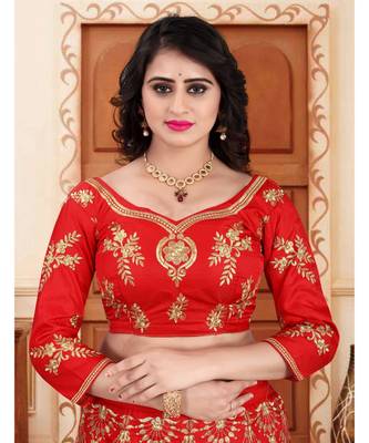 Red Embrodery  Satin Semi Stitched Lehenga Choli With Blouse 4