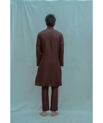 Cotton X Linen Pleated Angrakha Kurta In Brown Kurta and Pants 2