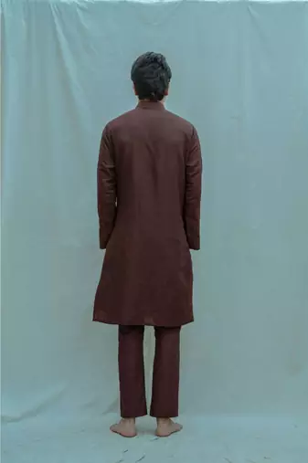 Cotton X Linen Pleated Angrakha Kurta In Brown Kurta and Pants