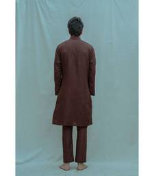 Cotton X Linen Pleated Angrakha Kurta In Brown Kurta and Pants