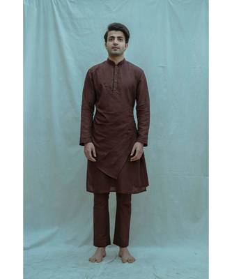 Cotton X Linen Pleated Angrakha Kurta In Brown Kurta and Pants 1
