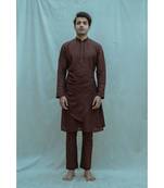 Cotton X Linen Pleated Angrakha Kurta In Brown Kurta and Pants