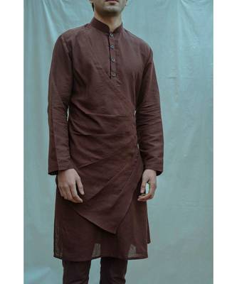 Cotton X Linen Pleated Angrakha Kurta In Brown Kurta and Pants 3
