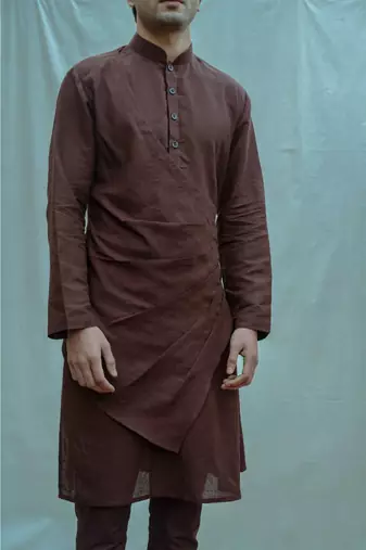Cotton X Linen Pleated Angrakha Kurta In Brown Kurta and Pants