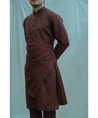 Cotton X Linen Pleated Angrakha Kurta In Brown Kurta and Pants 4