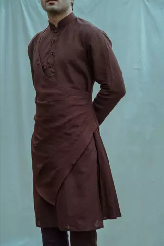 Cotton X Linen Pleated Angrakha Kurta In Brown Kurta and Pants