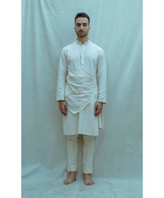 Cotton X Linen Pleated Angarakha Kurta In Off White And Pants 1