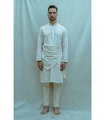 Cotton X Linen Pleated Angarakha Kurta In Off White And Pants