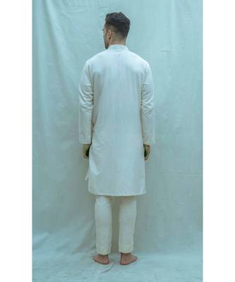 Cotton X Linen Pleated Angarakha Kurta In Off White And Pants 2