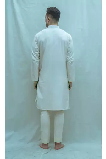 Cotton X Linen Pleated Angarakha Kurta In Off White And Pants