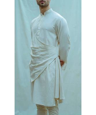Cotton X Linen Pleated Angarakha Kurta In Off White And Pants 3