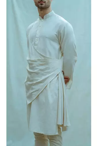 Cotton X Linen Pleated Angarakha Kurta In Off White And Pants