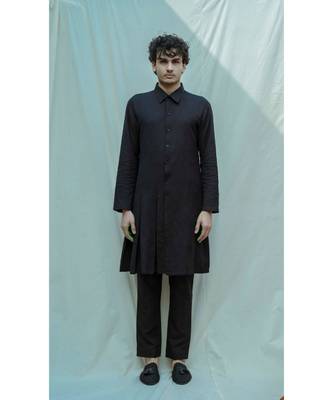 Cotton X Linen Box Pleated Black kurta and pants 1