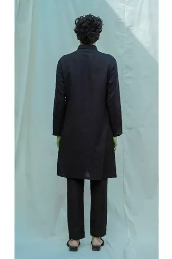 Cotton X Linen Box Pleated Black kurta and pants