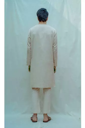 Cotton X Linen Paneled Kurta In Beige Kurta And Pants