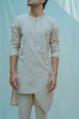 Cotton X Linen Paneled Kurta In Beige Kurta And Pants