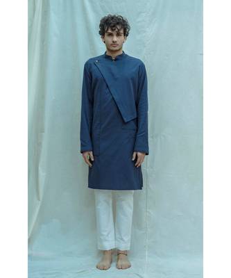 Cotton X Linen Overlap Kurta In Royal Blue Kurta And White Pants 1
