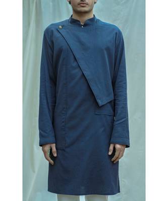Cotton X Linen Overlap Kurta In Royal Blue Kurta And White Pants 3