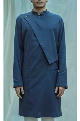 Cotton X Linen Overlap Kurta In Royal Blue Kurta And White Pants