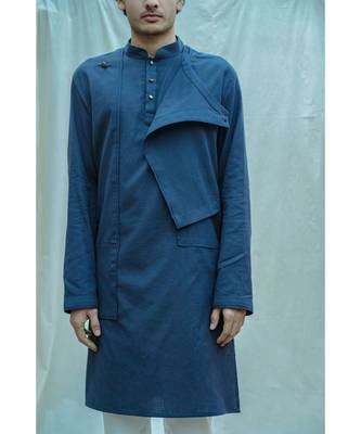 Cotton X Linen Overlap Kurta In Royal Blue Kurta And White Pants 4